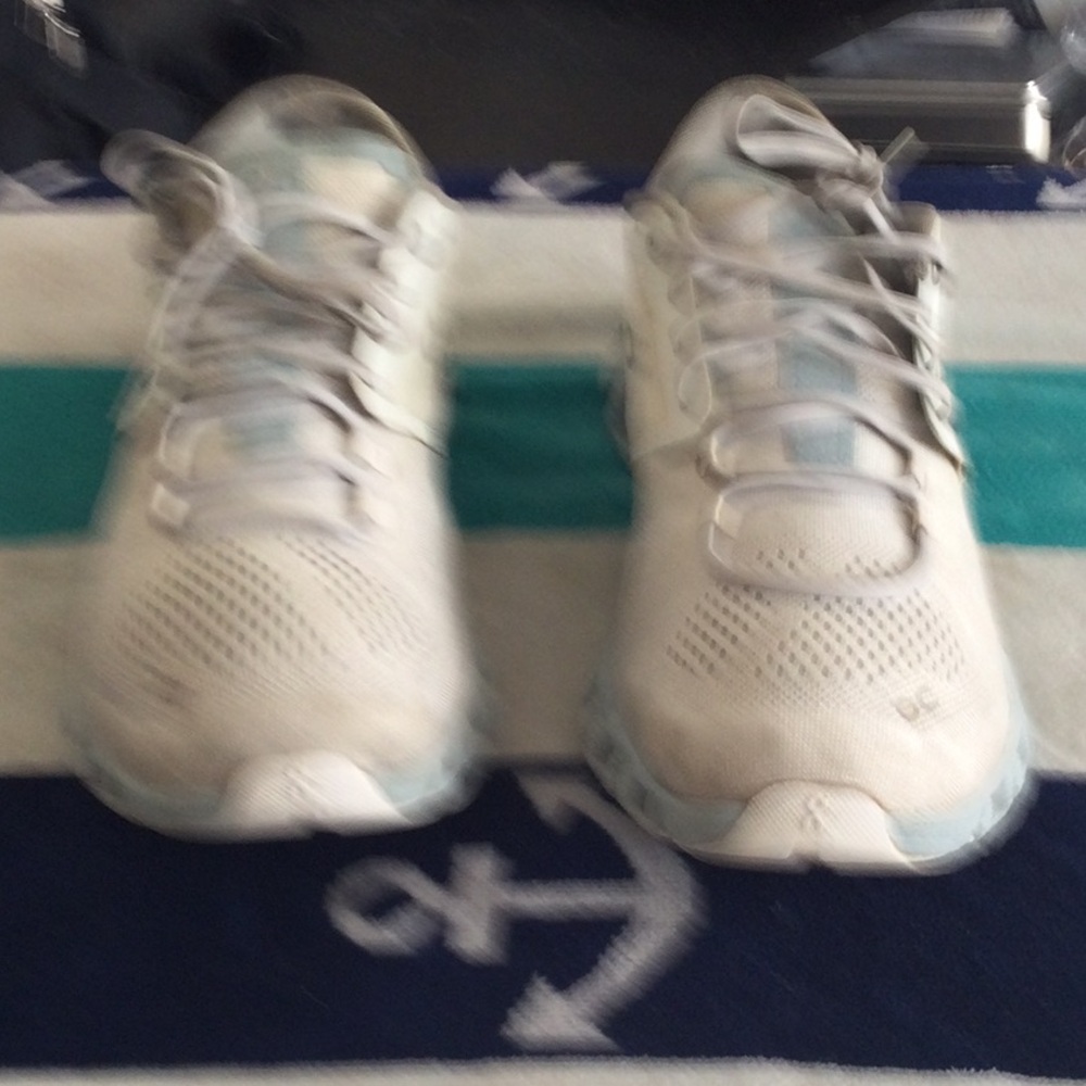 White and Light Blue Athletic Shoes
